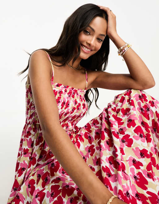 JDY – Gesmoktes Maxikleid mit Mohnblumen-Print in Rot und Rosa, 3 von 4