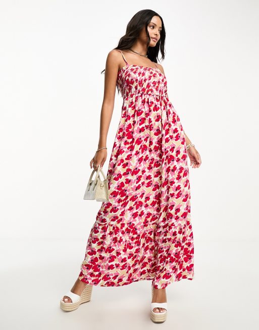 JDY – Gesmoktes Maxikleid mit Mohnblumen-Print in Rot und Rosa, 4 von 4