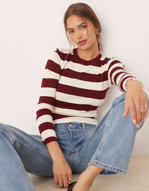 JDY - Gestreepte trui met ronde hals in bordeauxrood - view 1