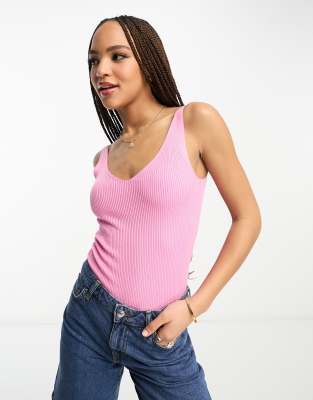 JDY - Gestricktes Trägertop in Rosa mit V-Ausschnitt