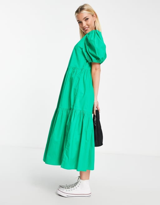 JDY – Gestuftes Midi-Hängerkleid in Grün mit Puffärmeln