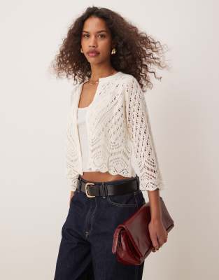 Gilet court en broderie anglaise avec manches 3/4 - Crème-Neutre 2XL