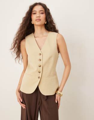 Gilet de tailleur long texturé - Beige clair-Jaune L