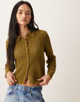 Gilet en maille ajourée à col polo - Vert 3XL