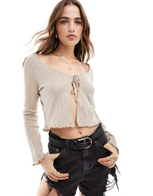 JDY - Gilet en maille pointelle avec liens devant - Beige