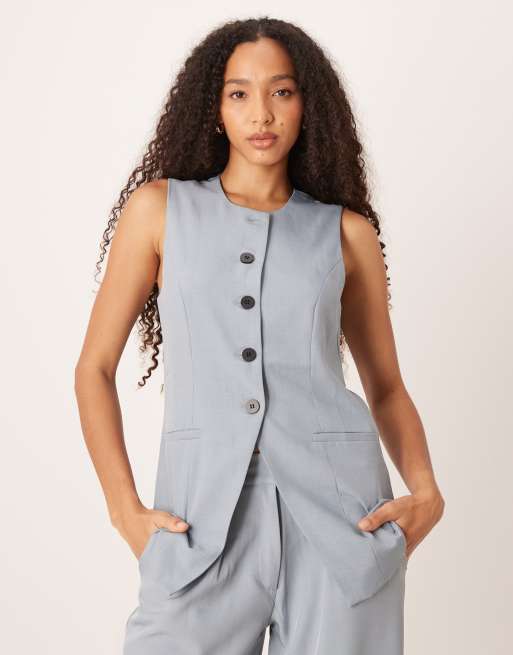 JDY - Gilet taglio lungo blu polvere con bottoni in coordinato
