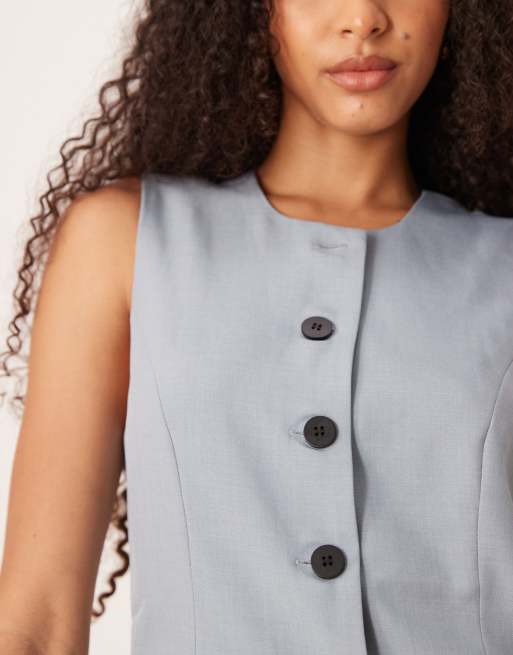 JDY - Gilet taglio lungo blu polvere con bottoni in coordinato, 3 di 4