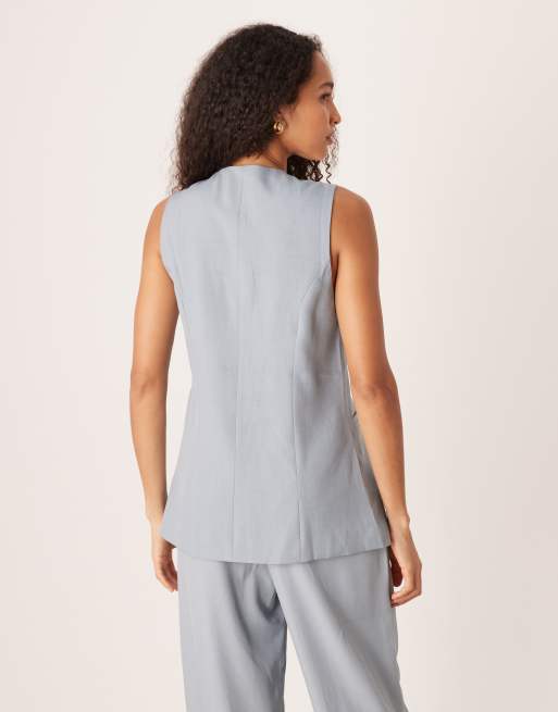 JDY - Gilet taglio lungo blu polvere con bottoni in coordinato, 4 di 4