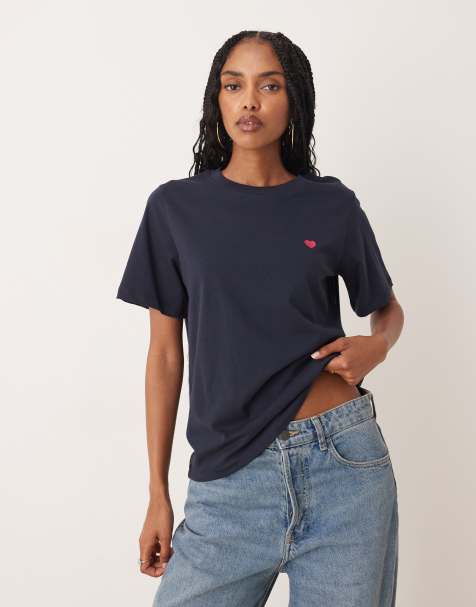 JDY pink heart print t-shirt in navy