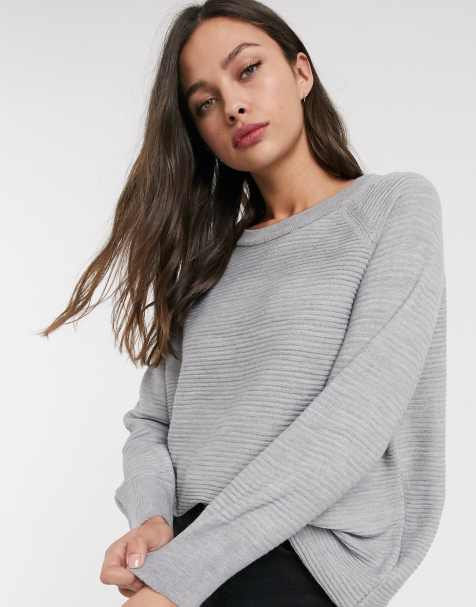 JDY – Grauer, gerippter Pullover mit Rundhalsausschnitt 