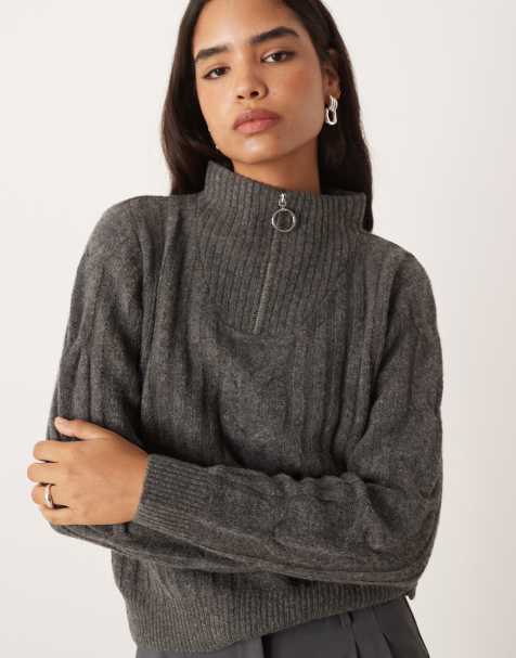 JDY half zip cable knit pullover sweater in dark gray - view 1