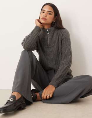 Jdy Half Zip Cable Knit Pullover Sweater In Black