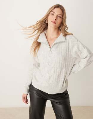 JDY HALF ZIP CABLE PULLOVER SWEATER IN LIGHT GRAY