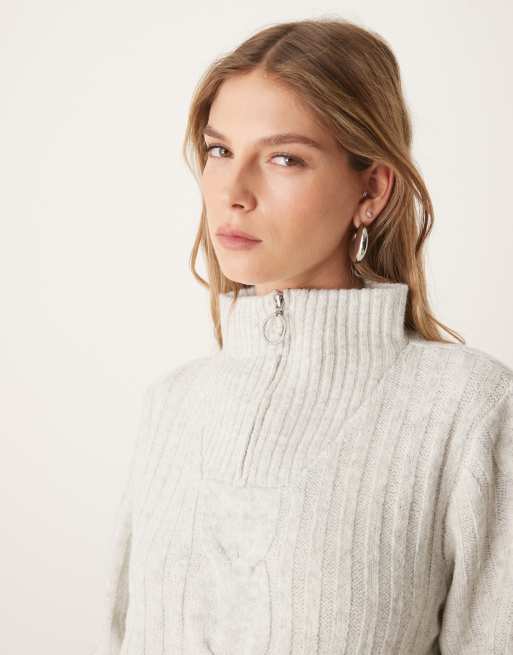 JDY half zip cable pullover sweater in light gray, 4 of 4