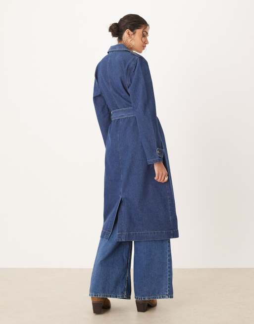 JDY - Halflange denim trenchcoat met strikceintuur in donkerblauw, 2 van 4