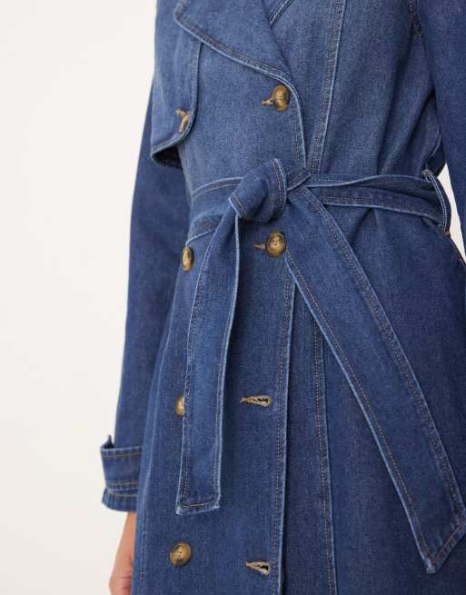 JDY - Halflange denim trenchcoat met strikceintuur in donkerblauw, 3 van 4