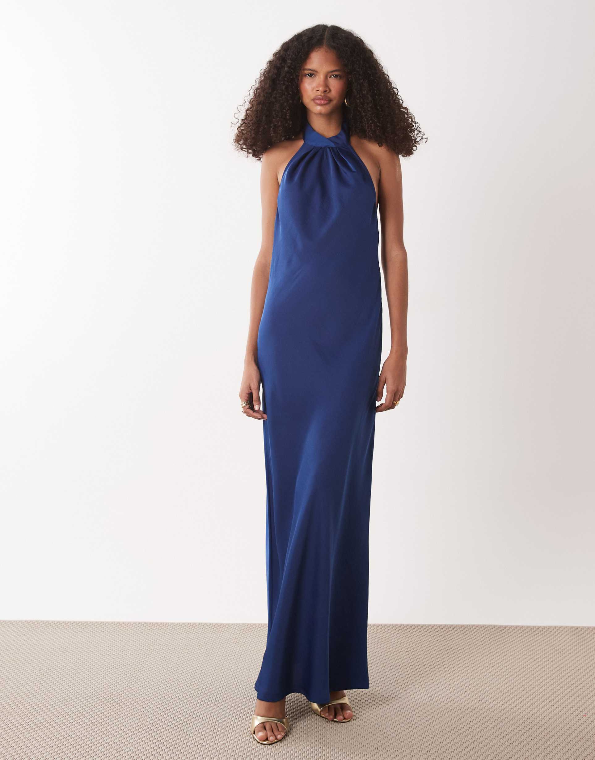 jdy halter neck satin maxi dress in navy