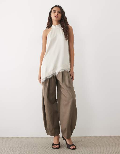 JDY halterneck satin top with lace detail in cream, 2 of 4