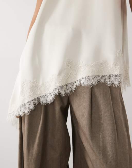 JDY halterneck satin top with lace detail in cream, 3 of 4
