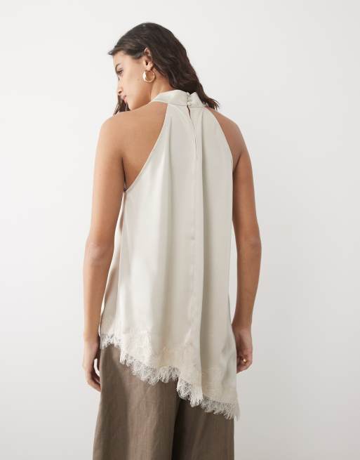 JDY halterneck satin top with lace detail in cream, 4 of 4