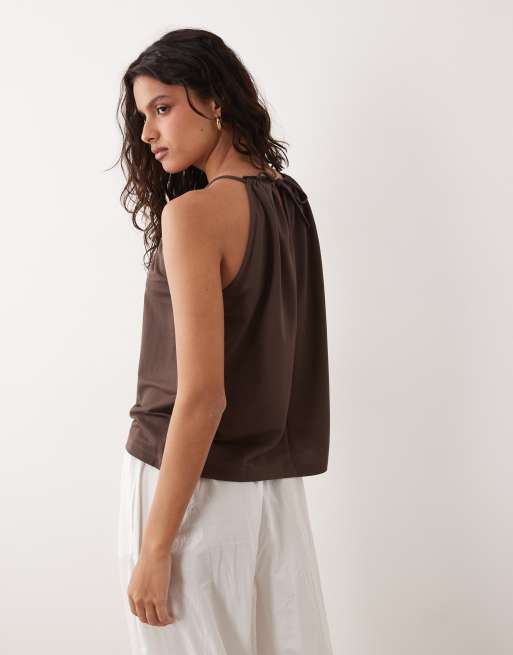 JDY halterneck top in chocolate brown, 4 of 4