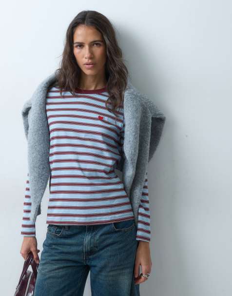JDY heart embroidery long sleeve top in blue & brown stripes - view 1