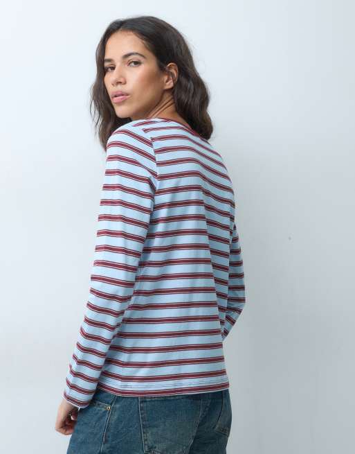 JDY heart embroidery long sleeve top in blue & brown stripes, 4 of 5