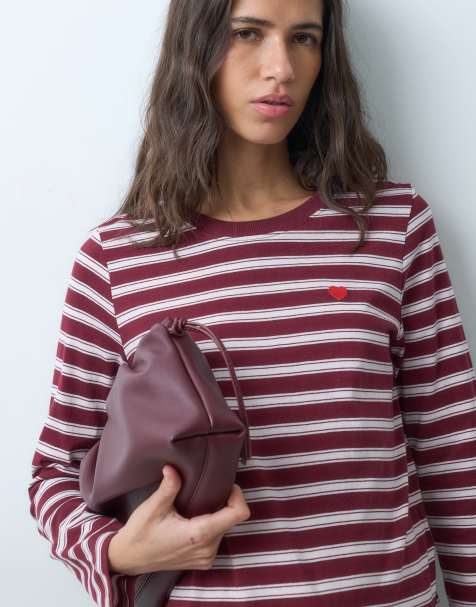 JDY heart embroidery long sleeve top in burgundy & pink stripes - view 1