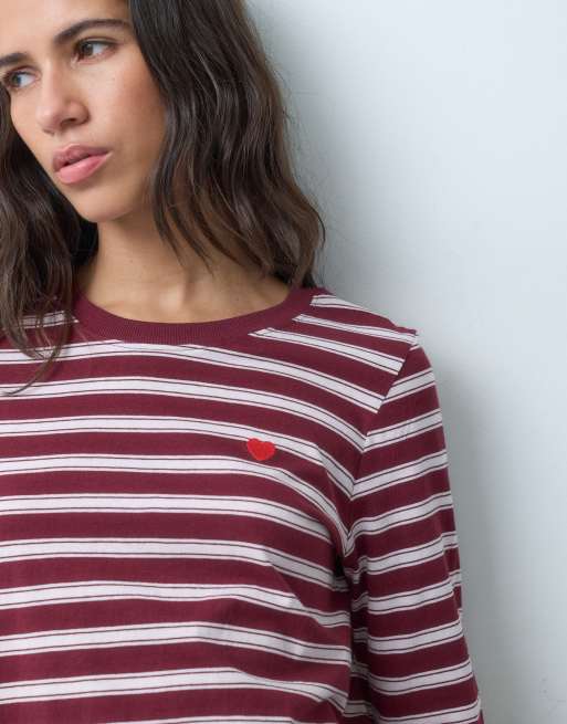 JDY heart embroidery long sleeve top in burgundy & pink stripes, 4 of 5