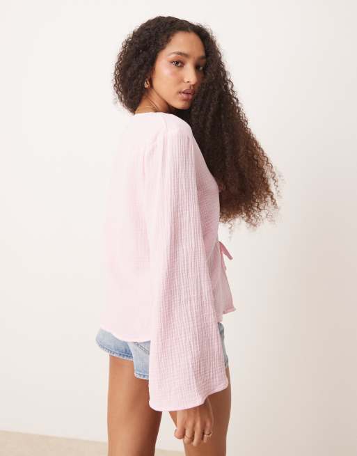 JDY – Hemdbluse aus Musselinstoff in Rosa mit gebundener Vorderseite, Kombiteil, 3 von 4