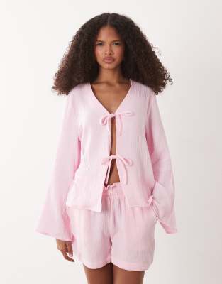 JDY - Hemdbluse aus Musselinstoff in Rosa mit Schnürung vorn, Kombiteil