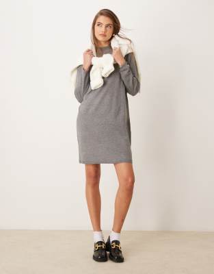 jdy high neck belted knitted dress in mid gray