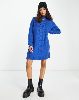 JDY high neck cable knit jumper dress in bright blue