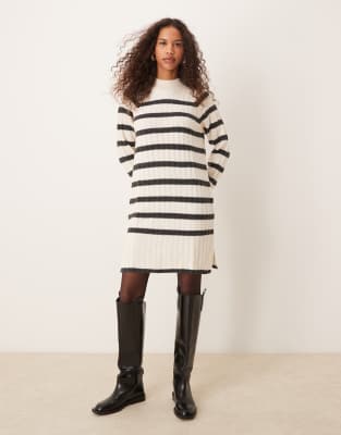 high neck knitted dress in black and beige stripes