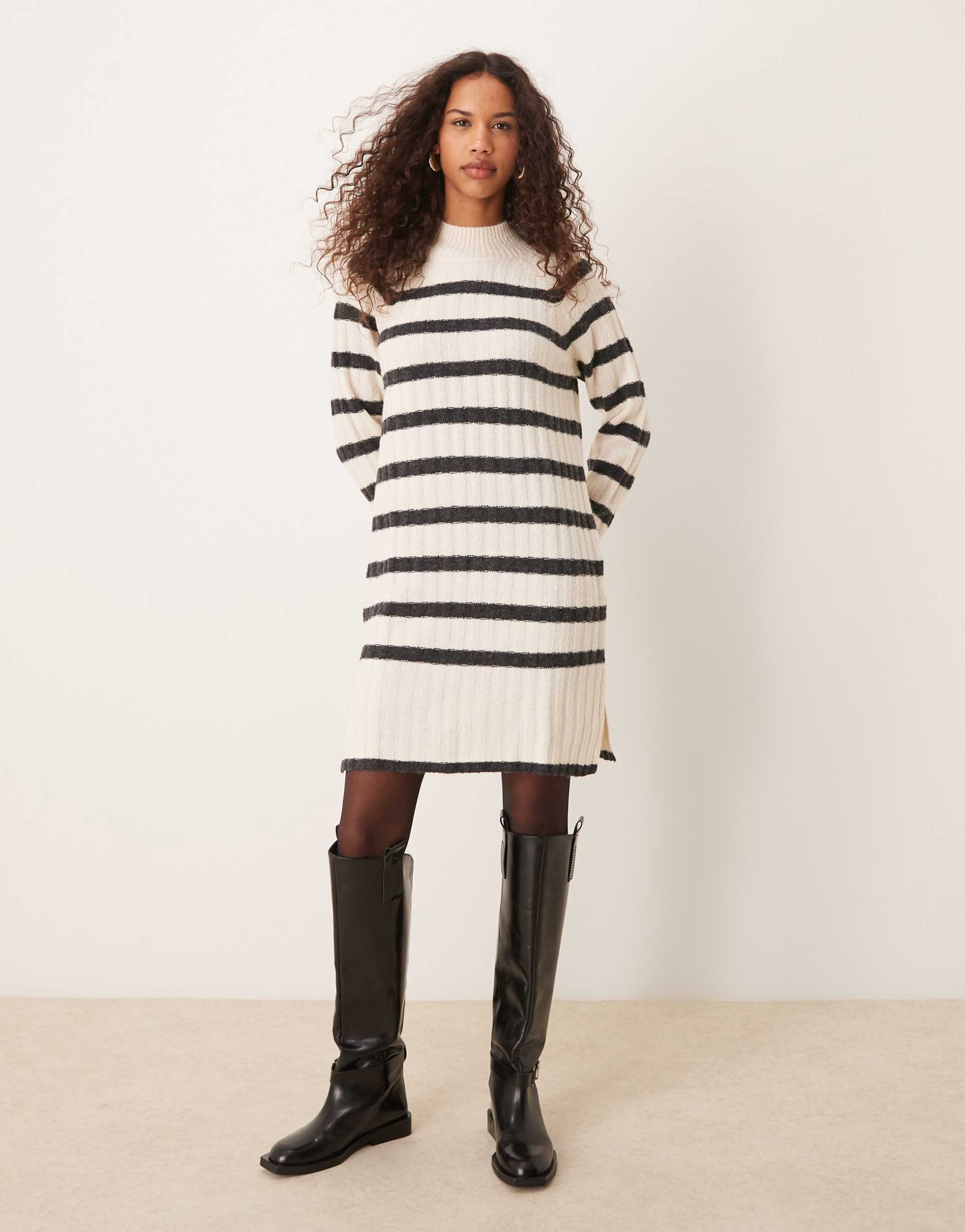 jdy high neck knitted dress in black and beige stripes