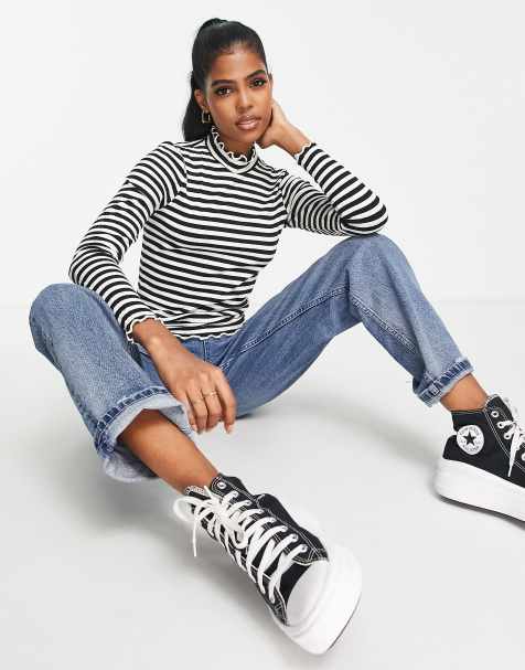 JDY high neck lettuce edge top in black stripe - view 1