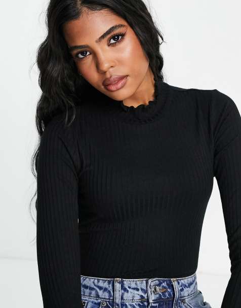 JDY high neck lettuce edge top in black - view 1