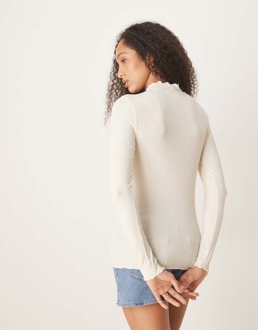 Only lettuce edge high neck ribbed top in brown