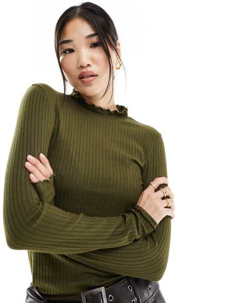 JDY high neck lettuce edge top in khaki