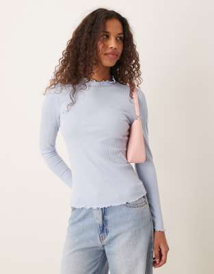 high neck lettuce edge top in light blue