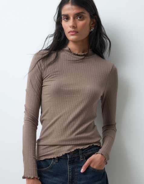 JDY high neck lettuce edge top in light brown - view 1