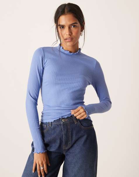 JDY high neck lettuce edge top in mid blue - view 1