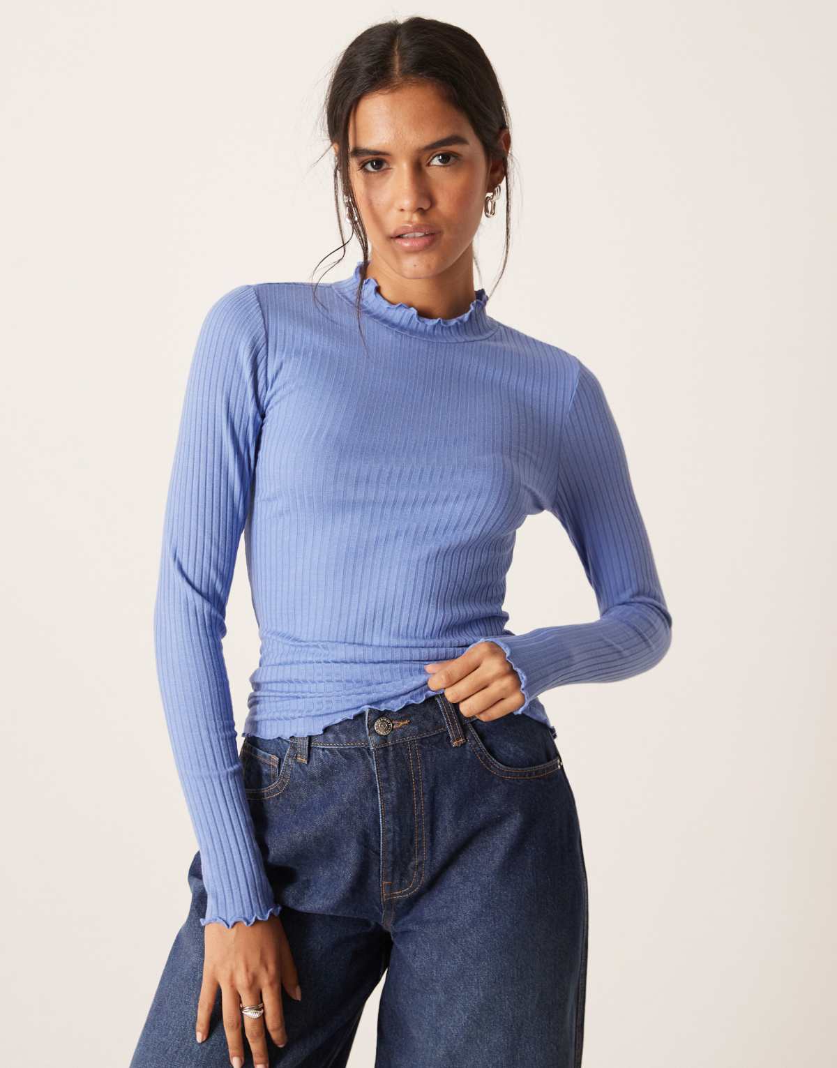 JDY high neck lettuce edge top in mid blue