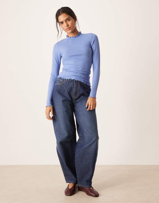 JDY high neck lettuce edge top in mid blue, 2 of 4
