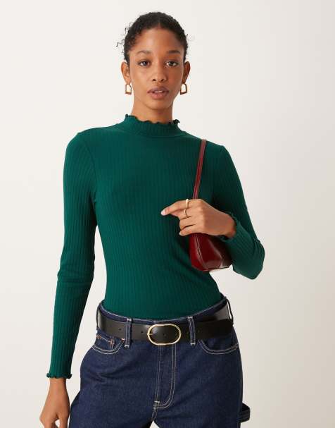 JDY high neck long sleeve top in dark green - view 1