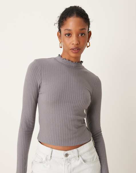 JDY high neck long sleeve top in gray - view 1