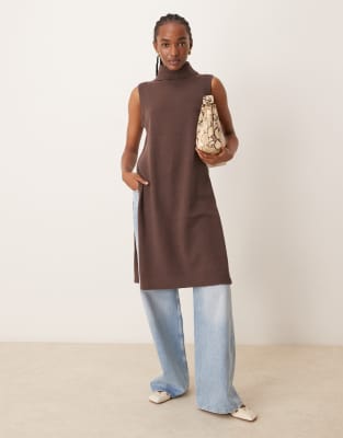 JDY high neck longline knitted singlet in chocolate brown