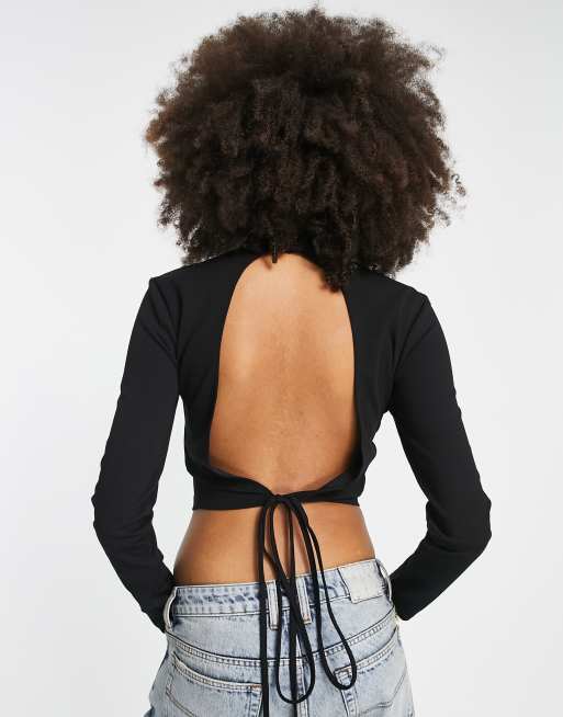 New Look open back long sleeved ribbed top in black