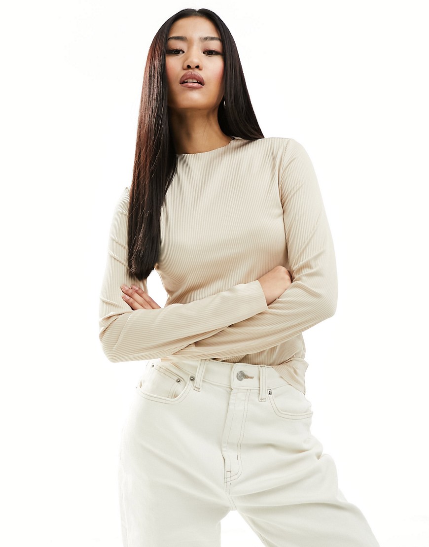 JDY high neck ribbed top in stone-Neutral