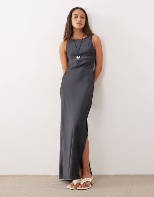 Jdy High Neck Satin Maxi Dress In Gray